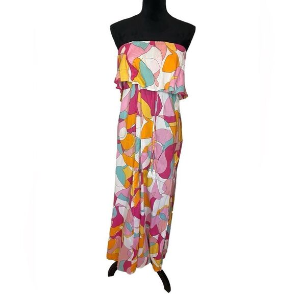 NWT JAPNA STRAPLESS MAXI DRESS FLUTTER TOP GEOMETRIC SUMMER PRINT WOMEN XS - Picture 7 of 12